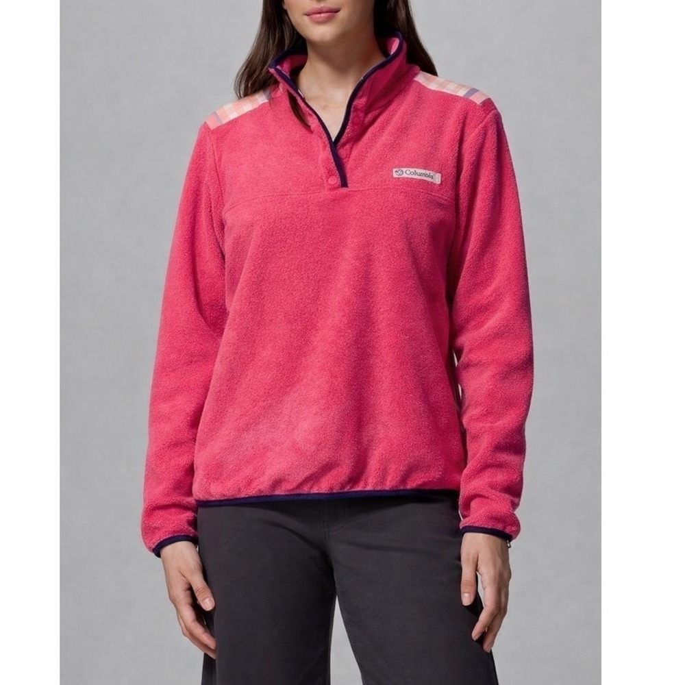 Columbia PFG Pink Fleece 1/4 Snap Gingham Pullover Sweatshirt